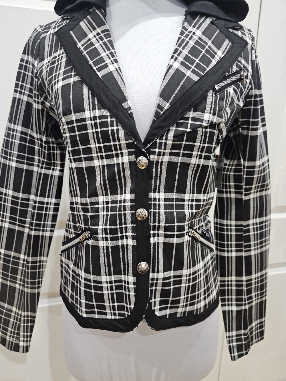 Rare Vintage Punk Goth Tripp NYC Black & White Plaid Snap Blazer Jacket Coat S - Picture 8 of 12